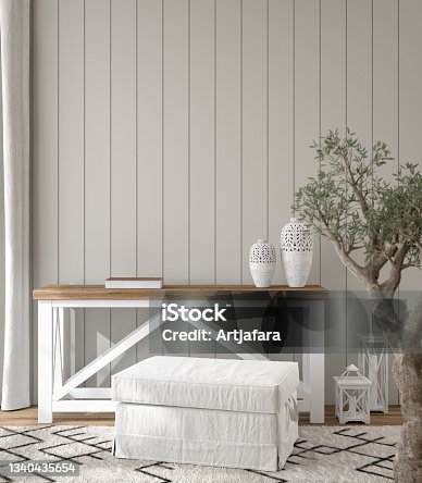 istock Scandinavian farmhouse hallway interior, blank wall mockup 1340435654