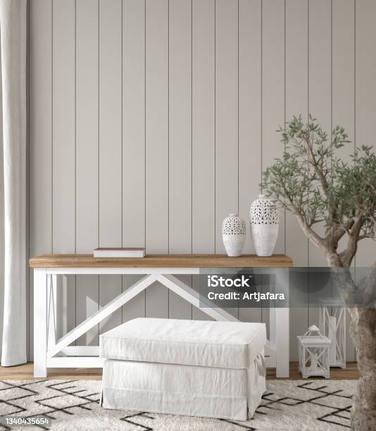 Scandinavian Farmhouse Hallway Interior Blank Wall Mockup Stock Photo - Download Image Now