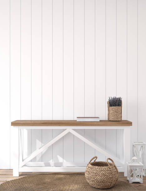 istock Scandinavian farmhouse hallway interior, blank wall mockup 1340435663