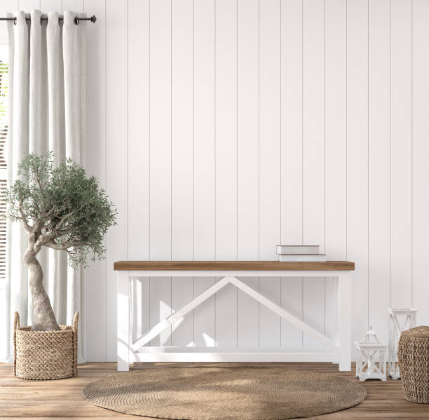 istock Scandinavian farmhouse hallway interior, blank wall mockup 1340435666