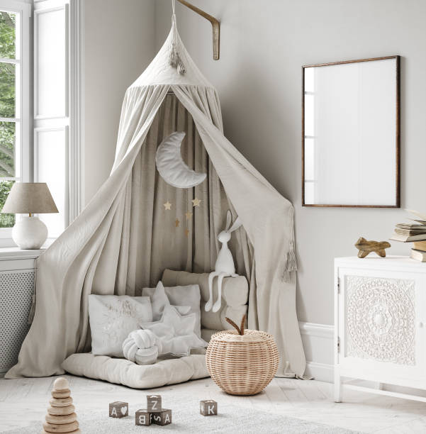 istock Mock up frame in children room, Scandi-Boho style interior background 1340435669