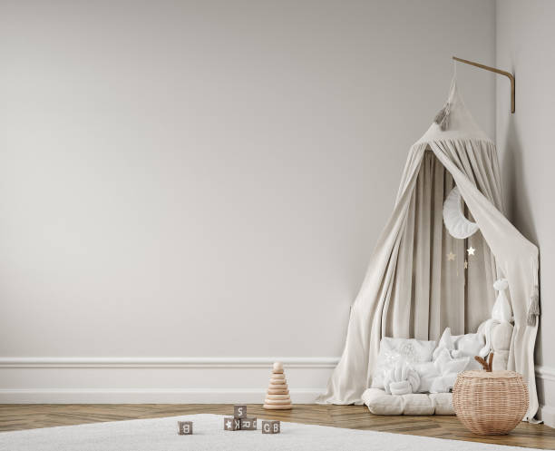 istock Wall mockup in children room, Scandi-Boho style interior in neutral colors 1340435671