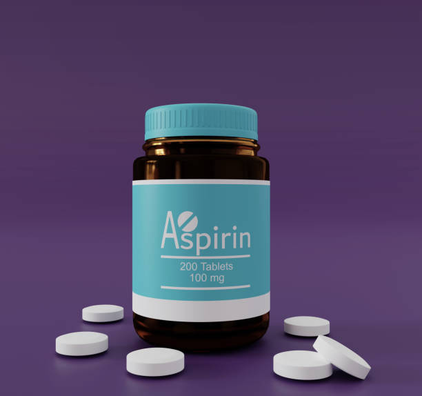 Aspirin medicine bottle with white round pills on flat surface. 3D rendering illustration.