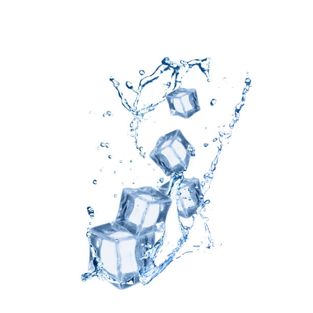 istock Crystal clear ice cubes and splashing water on white background 1340439438