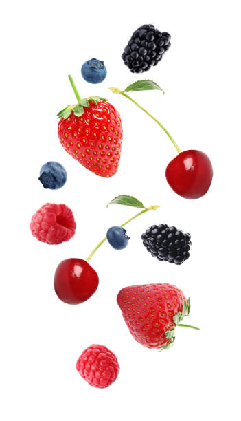 istock Set of falling sweet berries on white background 1340440333