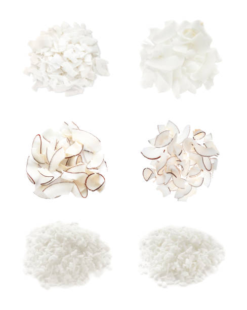 Set with fresh coconut flakes isolated on white