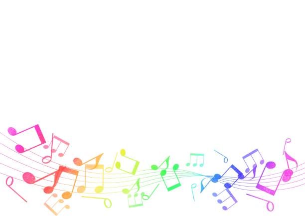 ilustraciones, imágenes clip art, dibujos animados e iconos de stock de marco de notas musicales de colores del arco iris vibrante - musical staff music piano blue
