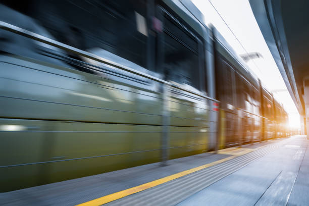 istock Subway station with train running in blurred motion 1340441446