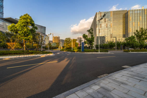istock Empty asphalt road through modern city in Shanghai, China 1340441592