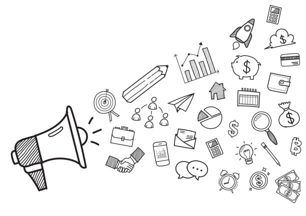 istock Megaphone with Business doodles hand drawn icons 1340441801
