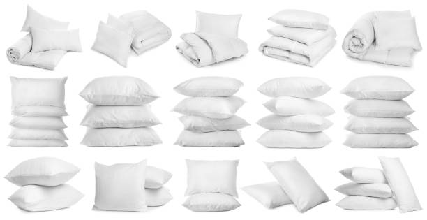 istock Collage of different soft pillows on white background 1340441961