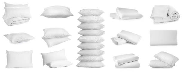 istock Collage of different soft pillows on white background. Banner design 1340441989