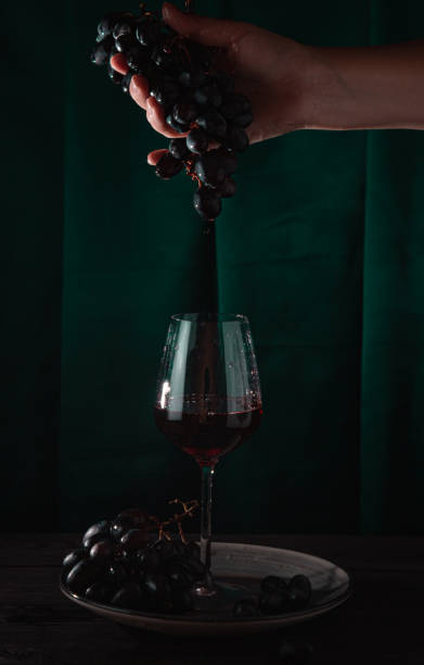 istock Red wine drips from a vine into a glass. Dark background, vertical photo. 1340443822
