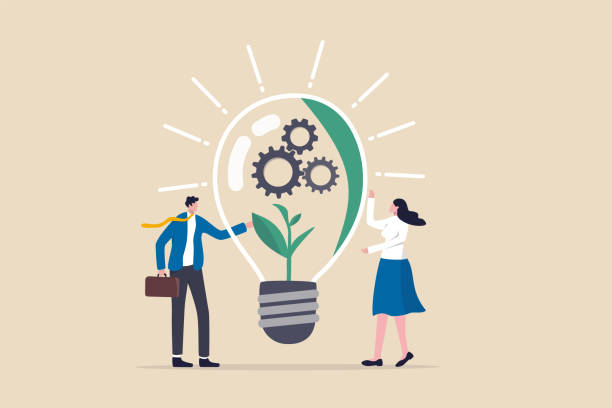 stockillustraties, clipart, cartoons en iconen met esg, environmental, social and corporate governance, company responsibility to care world environment and people concept, business people touch light bulb with seedling green plant and governance gear - esg