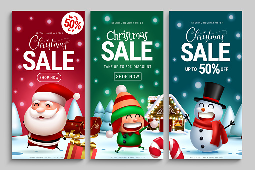 Christmas sale vector poster set. Christmas sale text with up to 50% off price discount for xmas seasonal shopping and business promotion banner ads. Vector illustration.