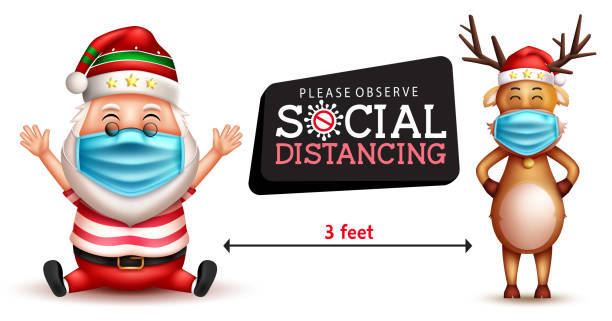istock Christmas social distancing vector design. Social distancing text with santa claus and reindeer 3d characters wearing face mask for holiday season safety campaign. 1340446867