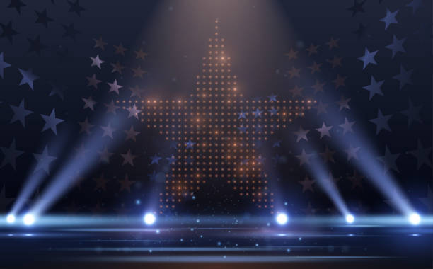 Blue and gold lights stage with stars Blue and gold lights stage with stars in vector stage performance space illustrations stock illustrations
