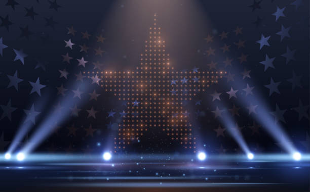 Blue and gold lights stage with stars Blue and gold lights stage with stars in vector presentation stock illustrations