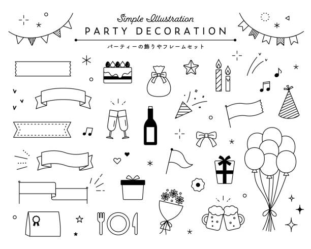 파티 장식 일러스트레이션 세트. - party hat party popper party congratulating stock illustrations