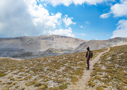 Monte Amaro, Italy - 12 September 2021 - The mountain summit in the Majella range, central Italy, Abruzzo region, with characteristic landscape of rocky expanses between valleys and plateaus. Here a view of summit