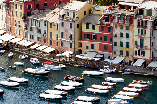 Europe. Italy. Liguria. Gulf of Tigullio, Italian Riviera. Portofino. The colored houses and Riva boats