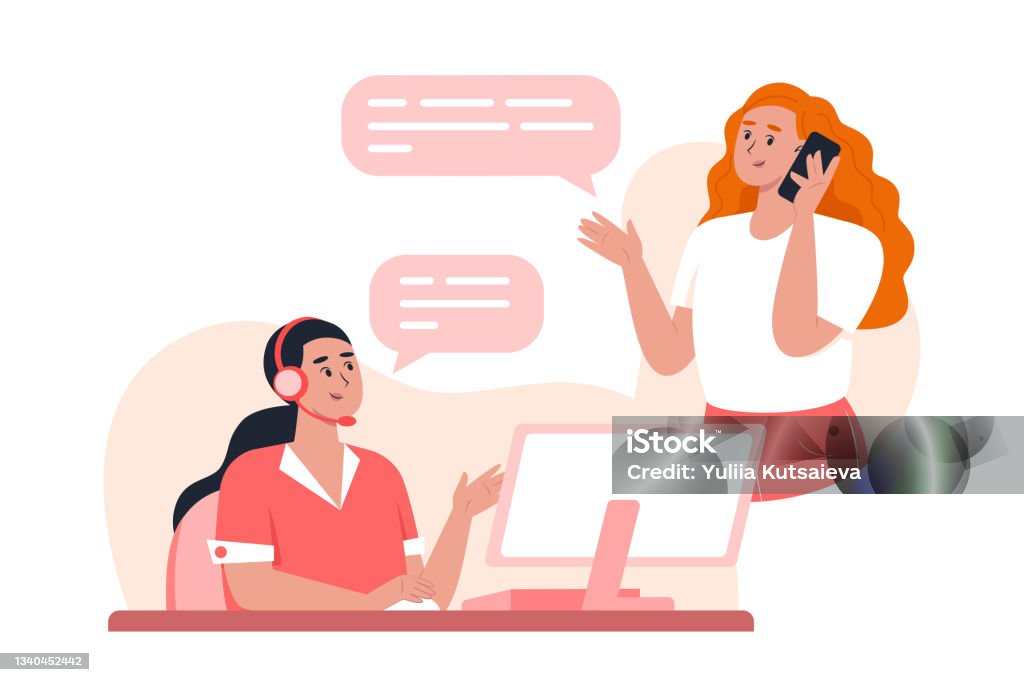 Le personnel du service d’assistance à la clientèle aide un client via un appel de hotline pour résoudre un problème - clipart vectoriel de Utiliser un téléphone libre de droits Le personnel du service d’assistance à la clientèle aide un client via un appel de hotline pour résoudre un problème - clipart vectoriel de Utiliser un téléphone libre de droits