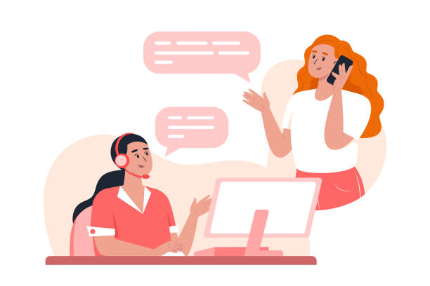 illustrations, cliparts, dessins animés et icônes de le personnel du service d’assistance à la clientèle aide un client via un appel de hotline pour résoudre un problème - utiliser un téléphone