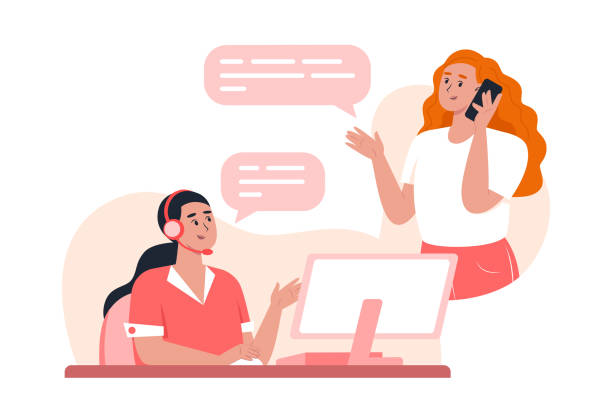 Customer support department staff helping a client via hotline call to solve a problem Customer support department staff helping a client via hotline call to solve a problem call center stock illustrations
