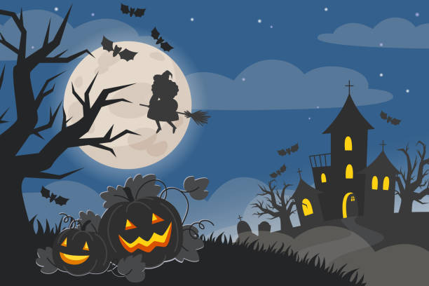 istock Halloween night landscape illustration with castle, pumpkins,  witch on broomstick and full moon 1340452602