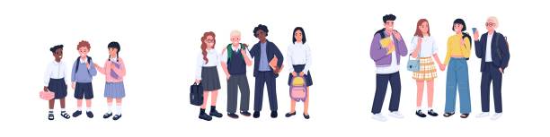 Set of happy pupils and students of elementary, middle and high school. Portraits of classmates. Children with backpacks. Flat vector illustration of schoolboys and schoolgirls isolated on white Set of happy pupils and students of elementary, middle and high school. Portraits of classmates. Children with backpacks. Flat vector illustration of schoolboys and schoolgirls isolated on white. mixed age range stock illustrations
