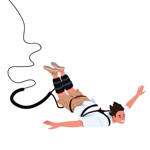 Man tied with elastic rope falling down after bungee jump. Happy jumper fly after extreme bungy leap with cord. Flat vector illustration of person during free fall isolated on white background Man tied with elastic rope falling down after bungee jump. Happy jumper fly after extreme bungy leap with cord. Flat vector illustration of person during free fall isolated on white background. bungee jumping stock illustrations