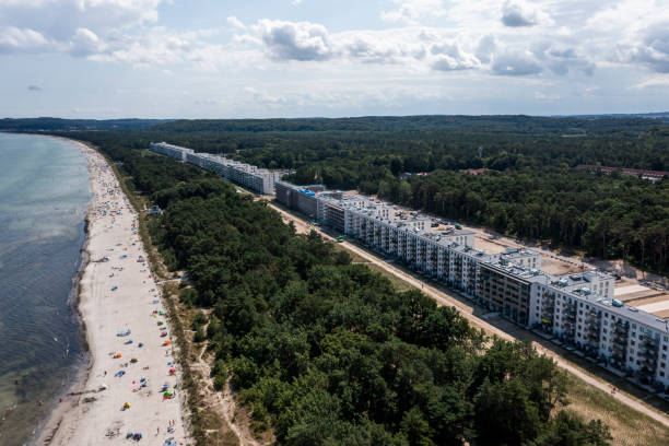 a view from a drone on the prora building in germany. - binz imagens e fotografias de stock