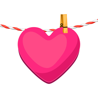 Illustration of heart on clothespin. Image for Valentine Day. For design and decoration.