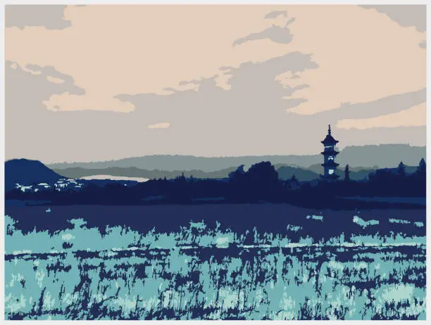 Vector illustration of Vector art engraving style painting chinese classical pagoda landscape,Photographic Effects Illustration,Abstract Backgrounds,AnHui Province,Yixian County,China