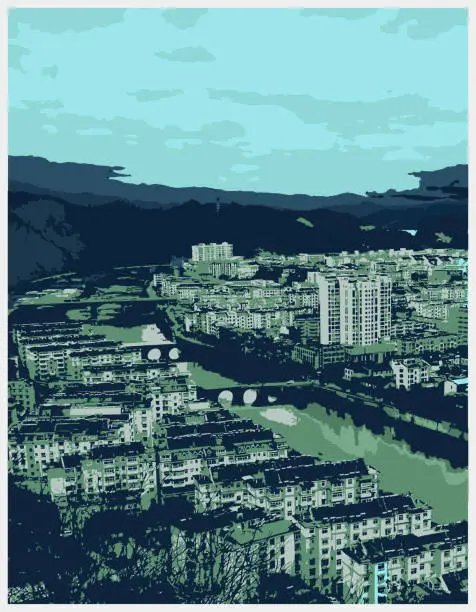 Vector illustration of Vector art engraving style painting chinese classical city landscape,Photographic Effects Illustration,Abstract Backgrounds,AnHui,Keemun County,China