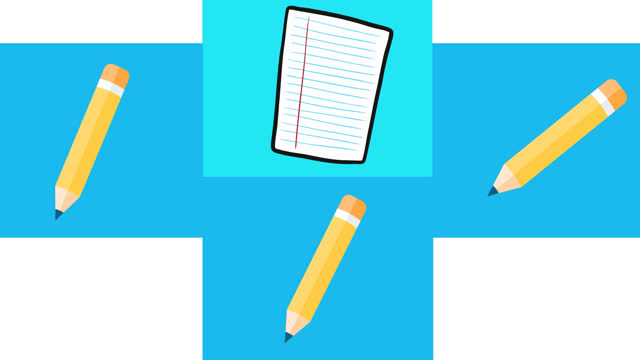 Animation of blue rectangles with pencils and notebooks moving on white background