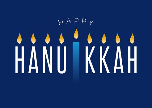 Happy Hanukkah lettering on blue background with menorah. Vector. Stock illustration