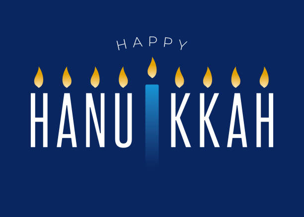 Happy Hanukkah lettering on blue background with menorah. Vector. Stock illustration