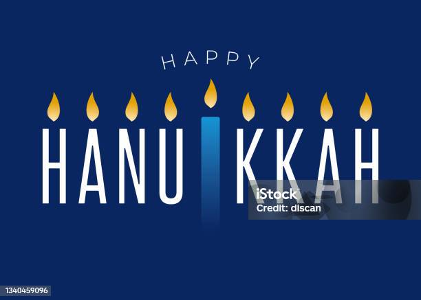 Happy Hanukkah Lettering On Blue Background With Menorah Vector向量圖形及更多光明節圖片