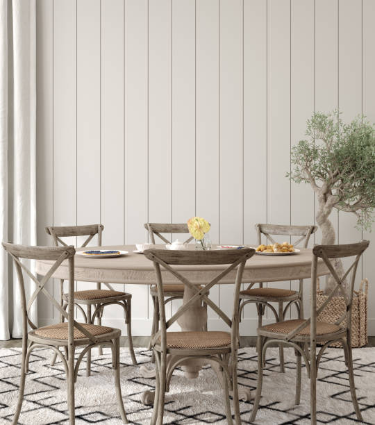 Farmhouse dining room interior background, wall mockup
