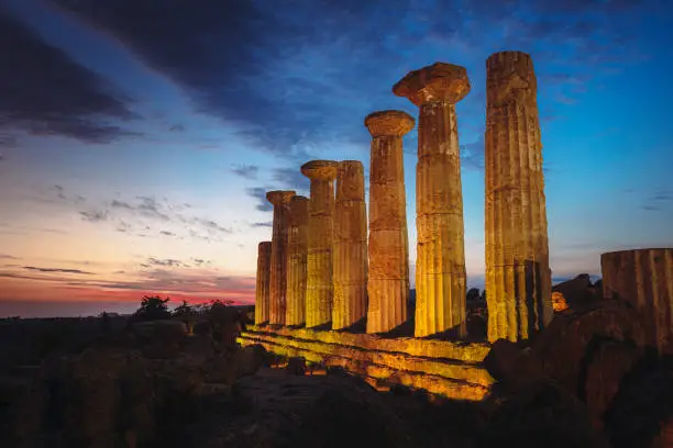Agrigento temple heracles at sunset. Italy.