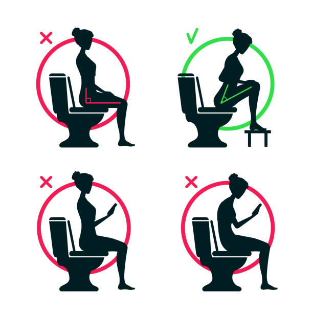 The correct and incorrect body posture of sitting on the toilet in the WC. The torso position angle 90 or 35 degrees. Good and bad. A right comfort posture. Comparison. A vector cartoon illustration. squat toilet stock illustrations