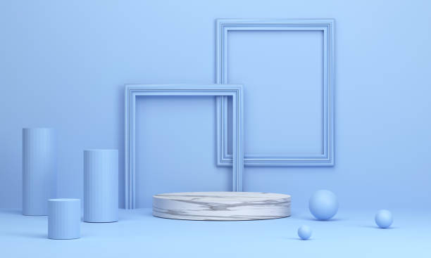 istock Marble circle podium with picture frame is a backdrop in blue tones. for product presentation. 1340462487