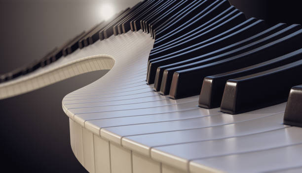 Moody Curvy Piano Keys A concept of a wave of piano keys on a dark moody background - 3D render orchestra abstract stock pictures, royalty-free photos & images