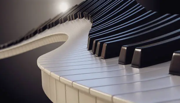 A concept of a wave of piano keys on a dark moody background - 3D render