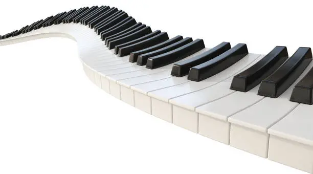 A concept of a wave of piano keys on a white background - 3D render