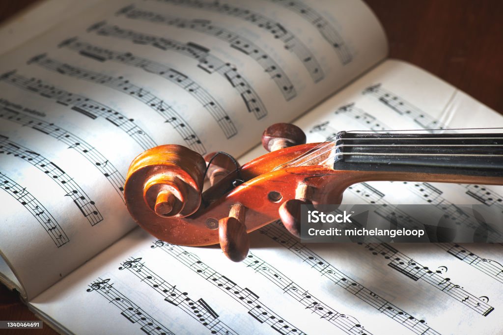 Detail of violin neck on musical score Classical Music Stock Photo