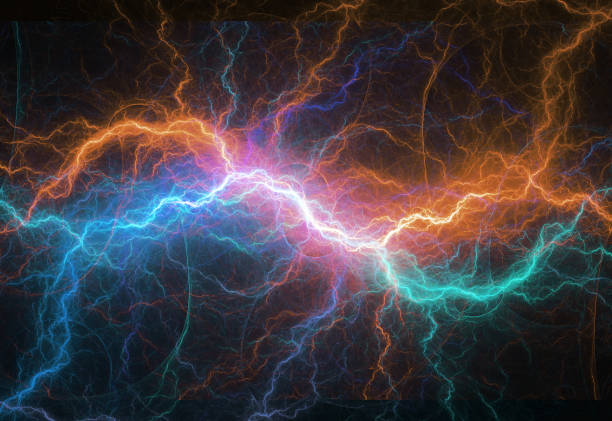 istock Red and blue lightning and plasma background, abstract energy and electrical background 1340466931