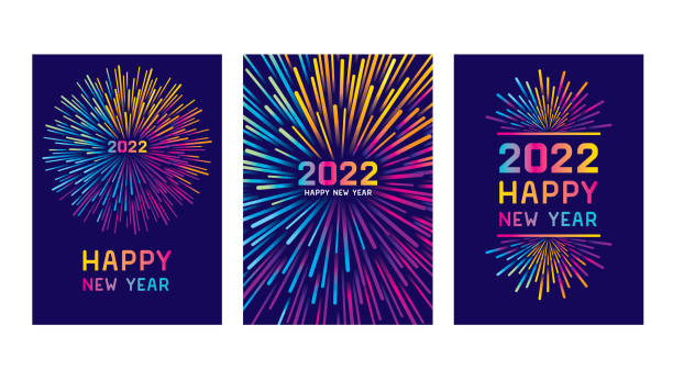 Happy new year 2022 with colorful fireworks Modern New year greeting cards with exploding colourful fireworks. Editable collection of vector illustrations on layers. 
This is an AI EPS 10 file format with gradients and one clipping mask. new year stock illustrations
