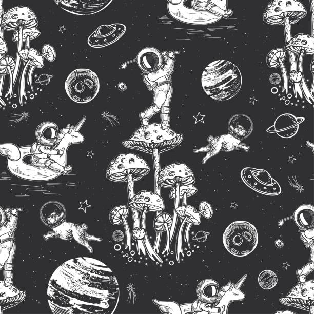 Mushrooms are like planets. Space illustration. Seamless surreal pattern. Mushrooms are like planets. Astronaut plays golf in space. Space illustration. Seamless surreal pattern. Stars, rockets and flying saucers. astronaut drawings stock illustrations
